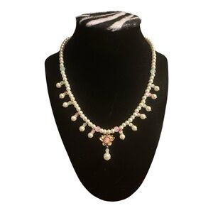 Noir Pearl & Pink Stone Flower Pendant Necklace - NWT Delicate Elegant